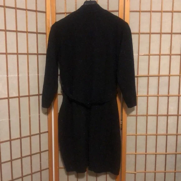 Long sweater jacket with belt.  Black with a few colored fabric spots. - Picture 5 of 7